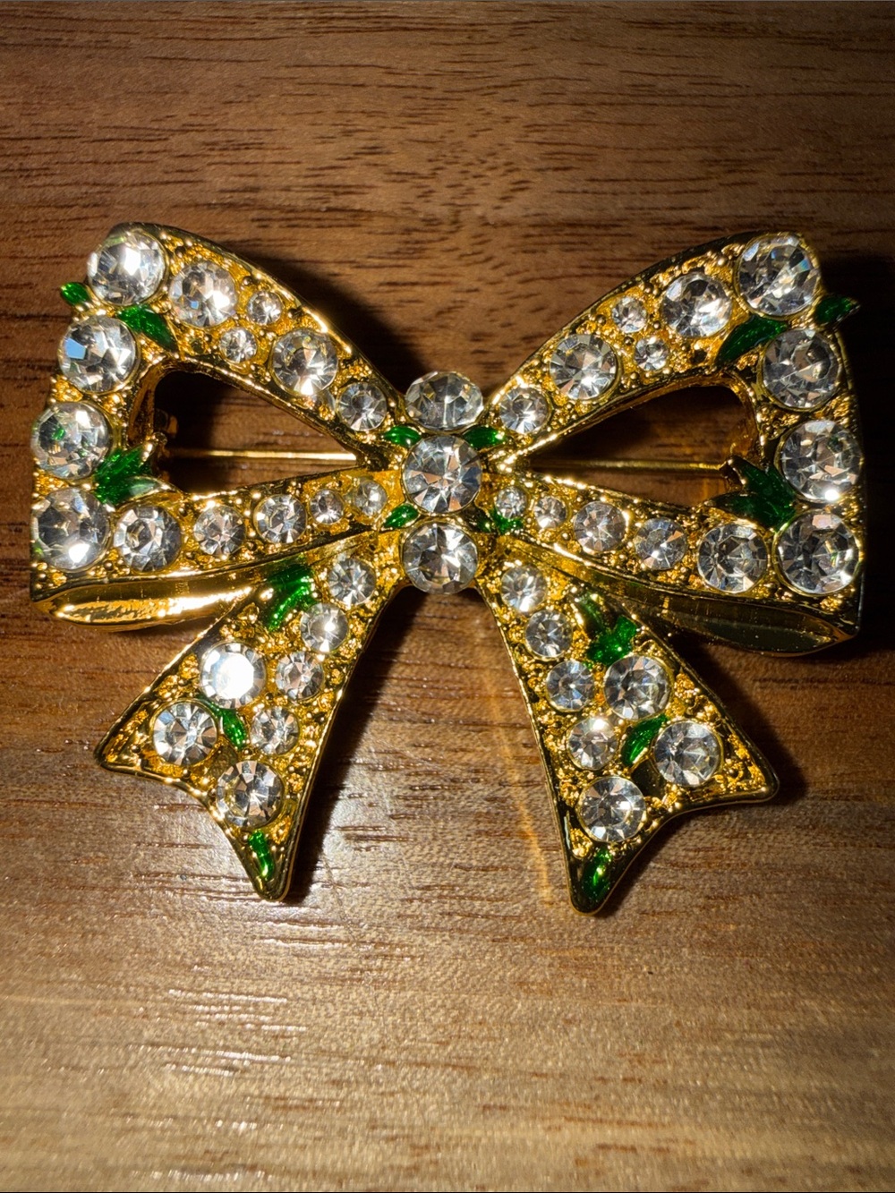 Gold Bow Crystal Brooch with Green Accents